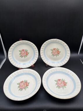 Vtg Cronin China Peony Camellia Soup Bowls Set 4 Blue Band Gold Trim 7.75"